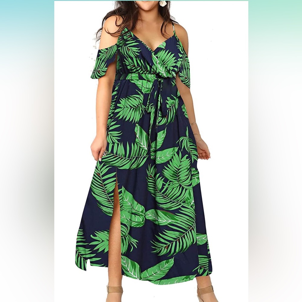 Cold Shoulder Palm Maxi Dress with Slit